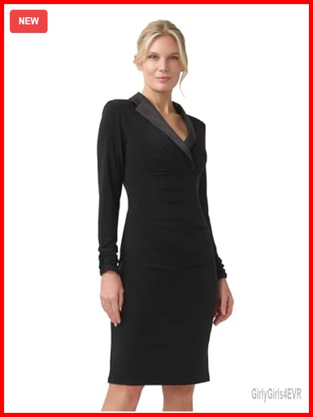 Stretch Jersey Tuxedo Cocktail Dress Shawl Collar Sheath Long Sleeve